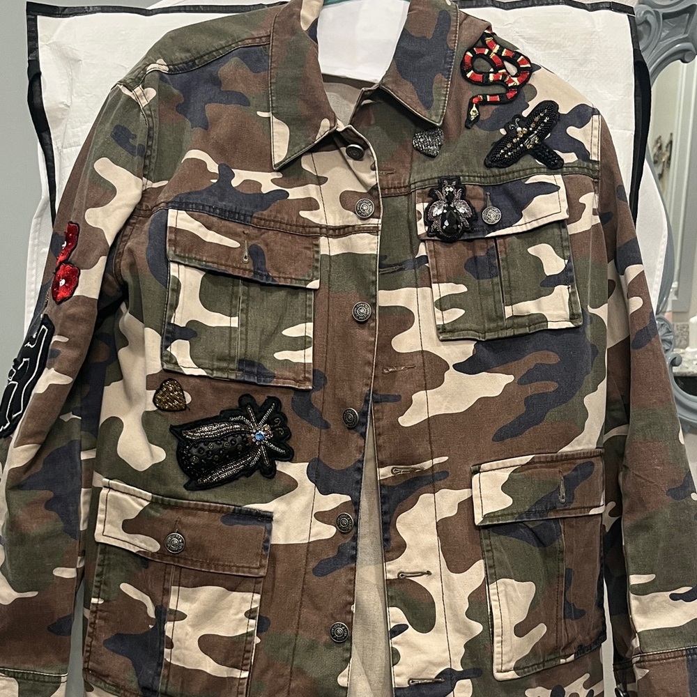 Cinq a Sept Embellished Camouflage Field Jacket with Embroidery